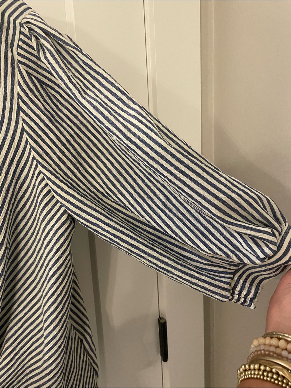 Chenault Navy & White Striped Twist-Front Button Down Shirt - Picture 3 of 7